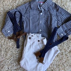 Carter’s White Pants Blue Plaid Shirt Suspenders